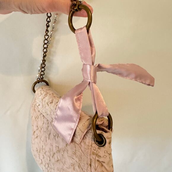 Vintage Y2K GAP Velvet Purse Pink Gold Embroidered Bow Pearl Chain Coquette EUC - Picture 8 of 10